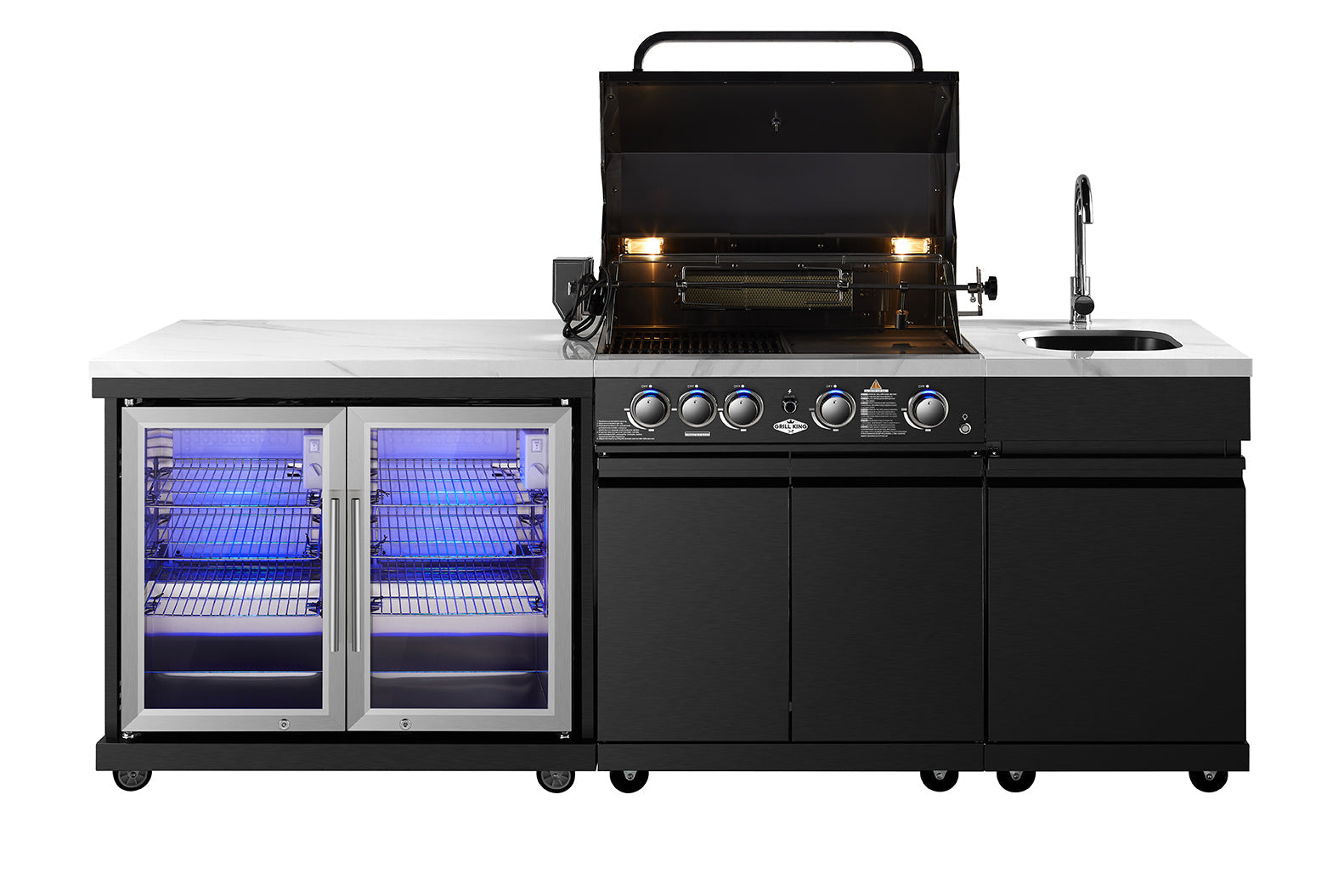 Grill King Element 4B High Grade 304 SS Outdoor BBQ Kitchen + White Stone Bench, Fridge & Sink