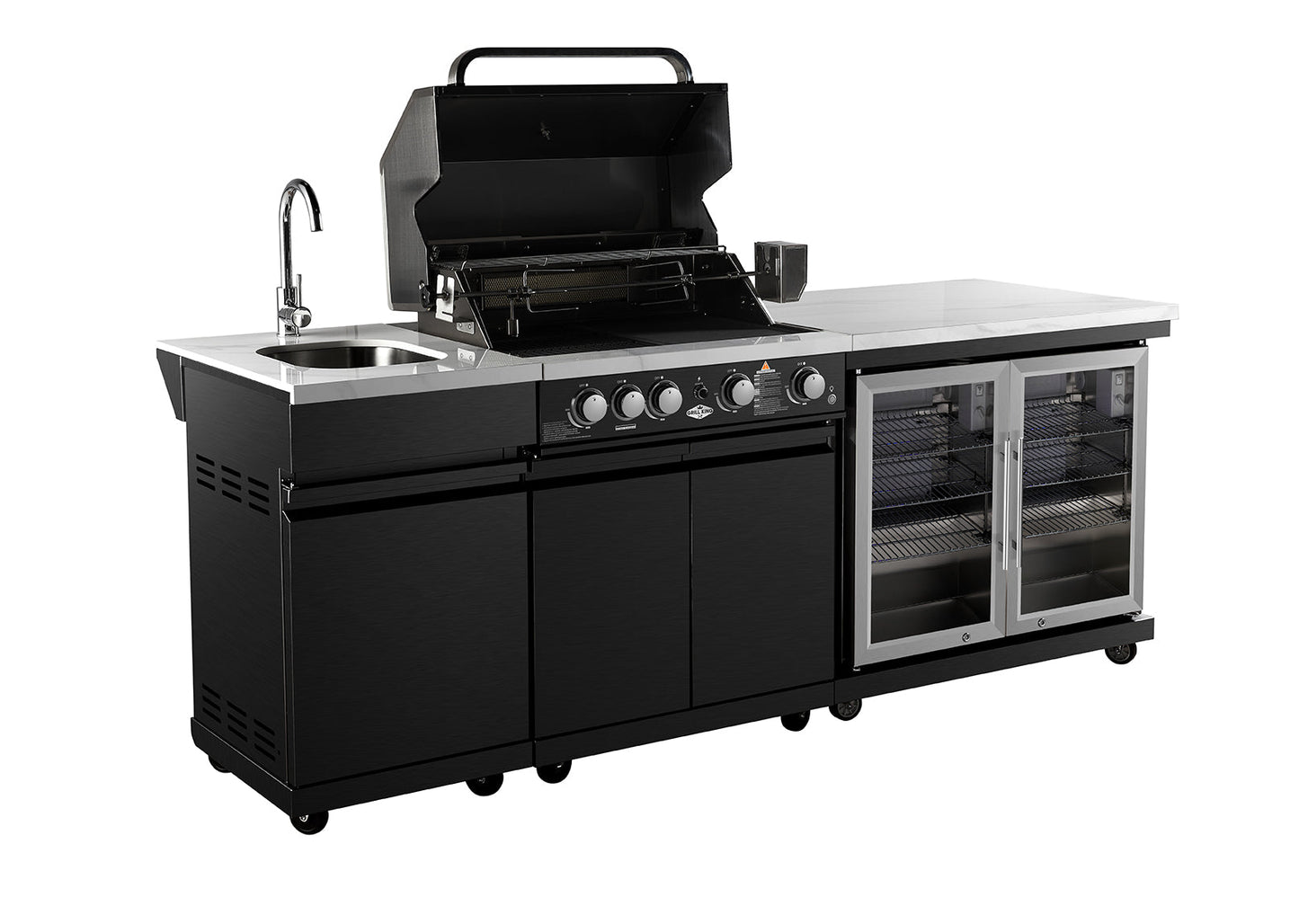 Grill King Element 4B High Grade 304 SS Outdoor BBQ Kitchen + White Stone Bench, Fridge & Sink