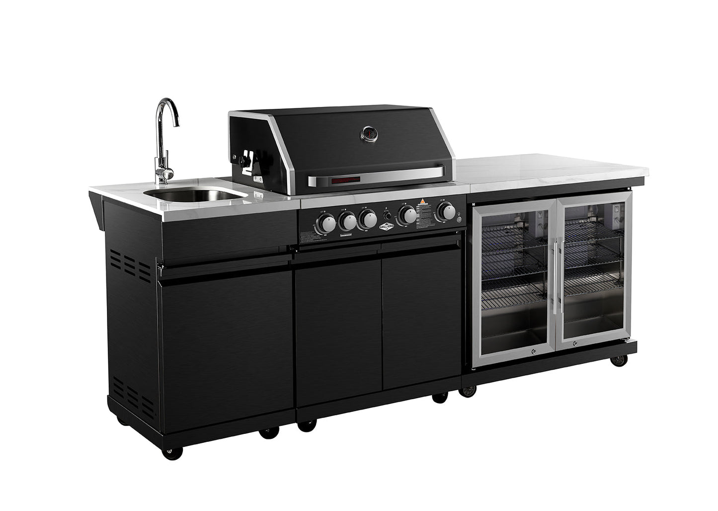 Grill King Element 4B High Grade 304 SS Outdoor BBQ Kitchen + White Stone Bench, Fridge & Sink